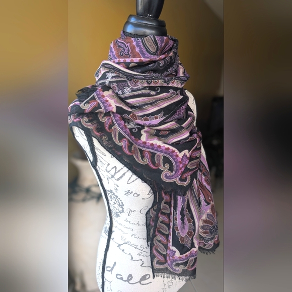 ETRO Milano Silk & Wool Purple Pink Black Paisley Print Large Scarf 67x26 - Picture 8 of 13